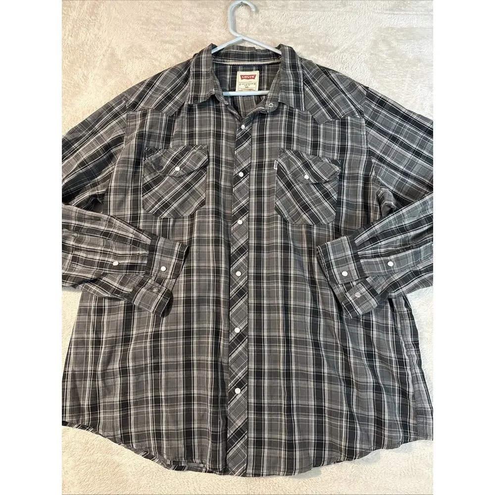 Levi’s Pearl Snap Western Cowboy Nashville Shirt Men’s XL grey Plaid Regular Fit